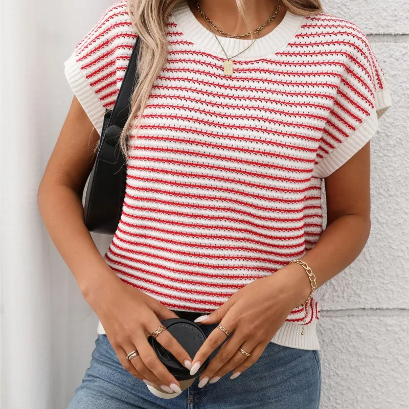 2026 New Women's Sweater Short Sleeve Stripe Casual Loose Comfortable Fashion Versatile Daily Commuter Good Choice Short Sleeve