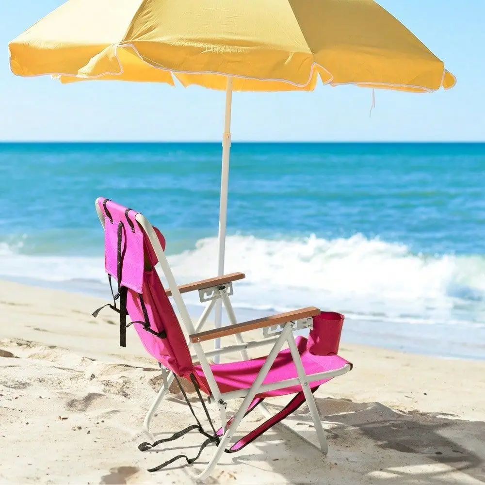 

Folding Beach Chair 4Position Adjustable Portable Backpack Camping Chair With Headrest Cup Holder Wooden Armrests For Outdoor B