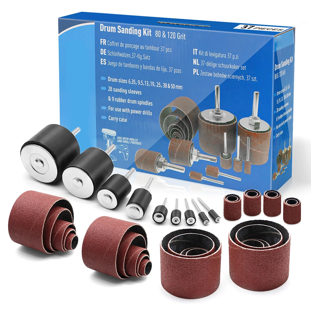 

37pcs Sanding Drum Kit Spindle Sander Sleeves 80/120 Grit For Metal, Wood, Plastic, Stone And Glass Power Tool Accessories