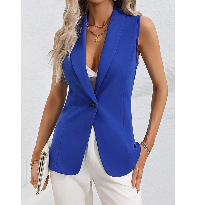 Women Blazer Vest Solid Color Loose Cardigan Sleeveless Jacket Single Button Wasitcoat Female Formal Suit Coat Commute Clothing