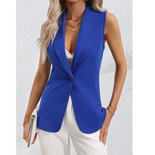 Blazer para mujer, chaleco, cárdigan holgado de Color sólido, chaqueta sin mangas, abrigo Wasitcoat con un solo botón, traje Formal para mujer, abrigo, ropa de viaje