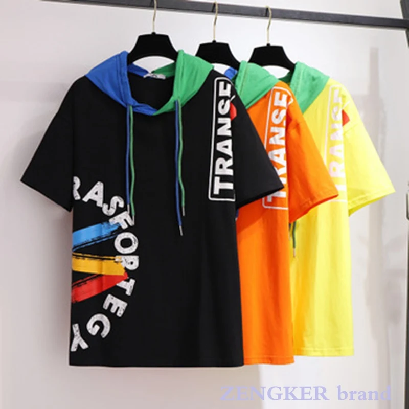 New 6XL women\'s fat mm summer hooded casual short-sleeved loose color matching graffiti T-shirt plus size women