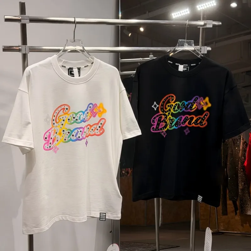 Black White 2XL GOODBRAND Tshirts Real Photo Summer Streetwear Men Women Colorful Slogan Hotfix Rhinestone Short Sleeve Tops