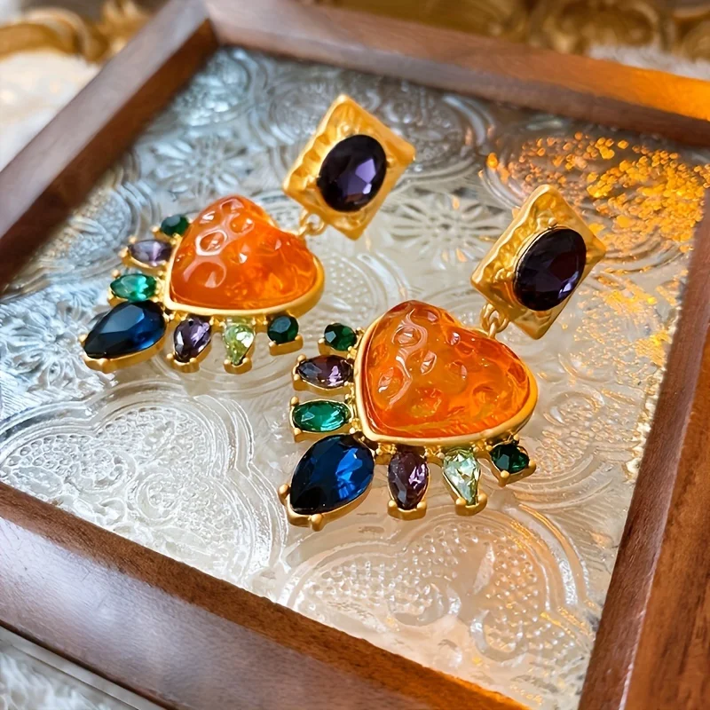 Vintage Exaggerated Exquisite Big Heart Glass Multi Color Crystal Stone Drop Earring Women Fashion Jewelry Accessories