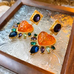 Vintage Exaggerated Exquisite Big Heart Glass Multi Color Crystal Stone Drop Earring Women Fashion Jewelry Accessories