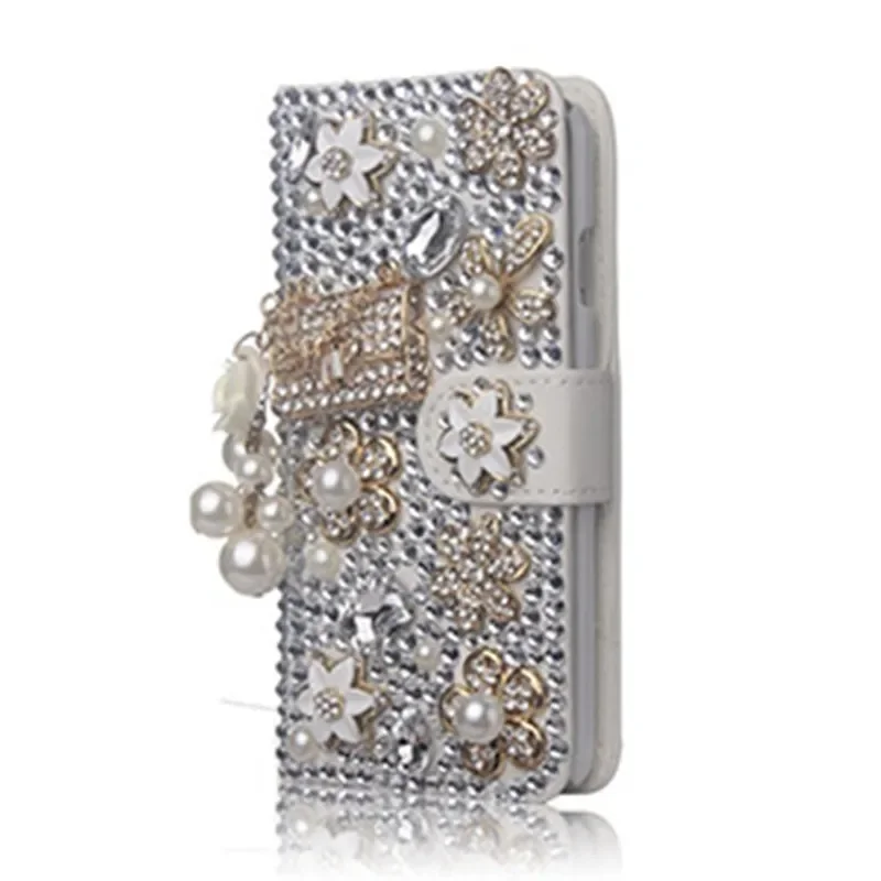 Luxury Bling Handmade Glitter Rhinestone Pearl Leather Flip Wallet Phone Case for iPhone, 14, 16, 12, 13 Pro Max, XR, 15 16Plus