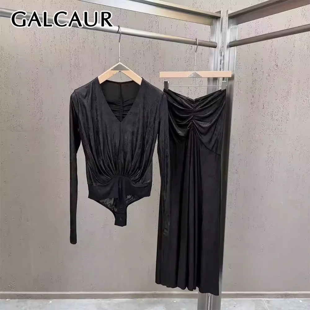 

GALCAUR Solid Slimming Spliced Folds Two Piece Sets for Women V Neck Long Sleeves Patchwork Zipper Skirt Set Female Fashion New