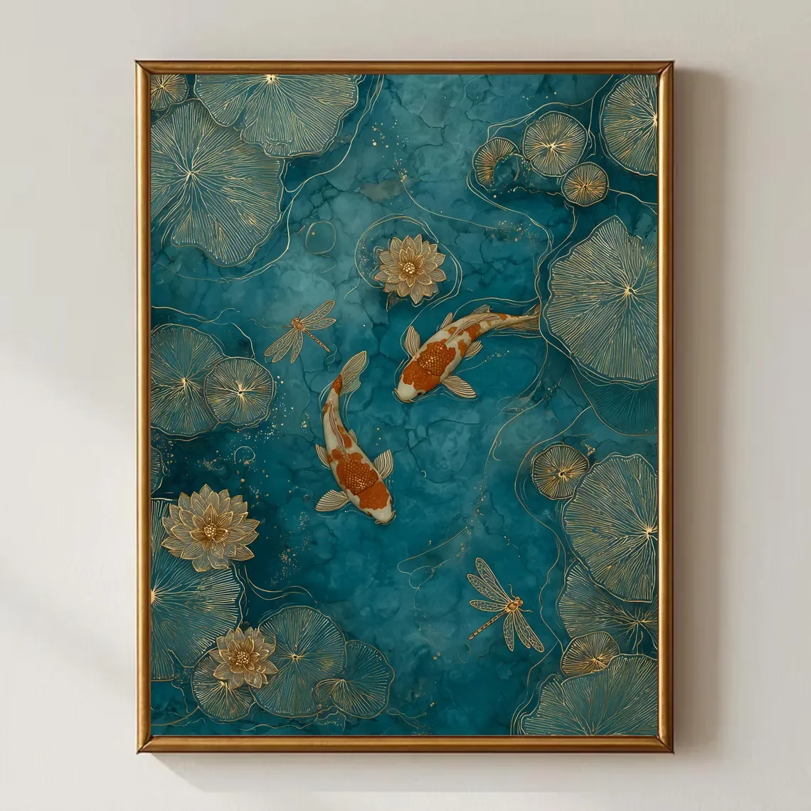 Elegant Koi Fish Wall Art – Emerald Green Pond Decor, Asian Zen Painting, Gold Lotus, Dragonflies, Serene Japanese Print, Digita