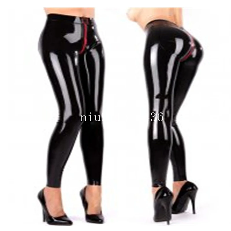 

Sexy Latex Women Pants Handmade Rubber Trousers with Red Crotch Zipper Cosplay Costume