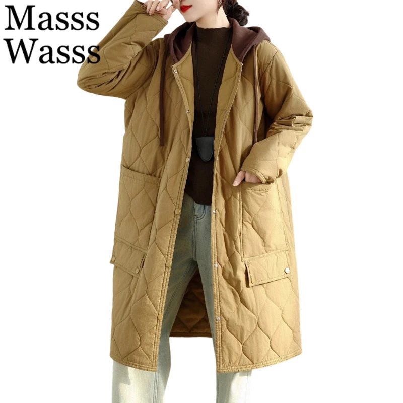 

Masss Wasss 2025 Winter Long Parkas Women Fashion Loose Hooded Warm Padded Jackets Ladies Classic Thicken Coats Casual Outerwear