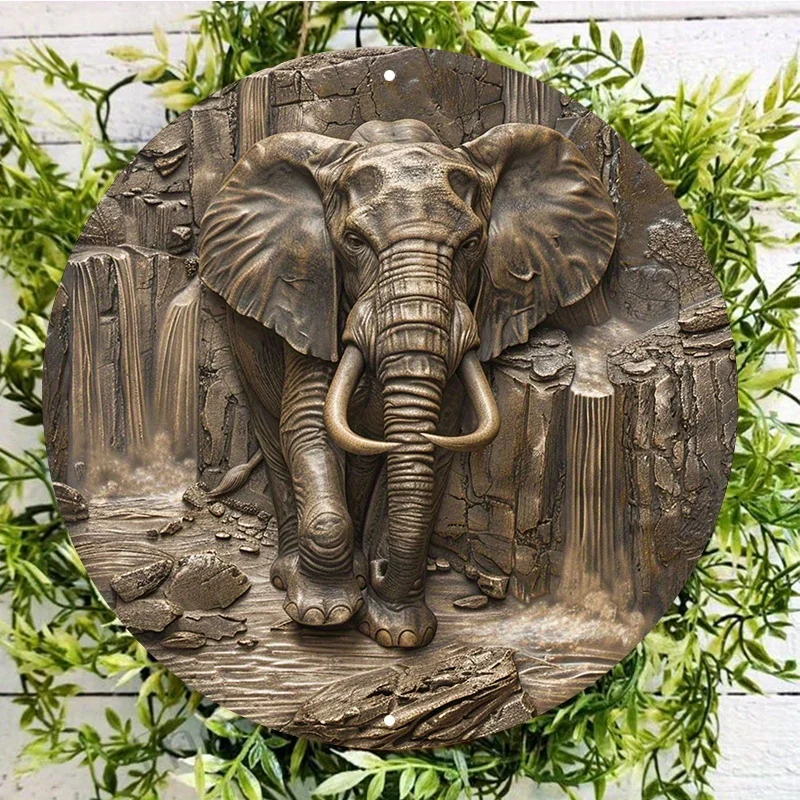 Round Aluminum Wall Sign with Pre-Drilled Holes, UV and Scratch Resistant, Outdoor and Indoor Decor, Elephants in Ruins