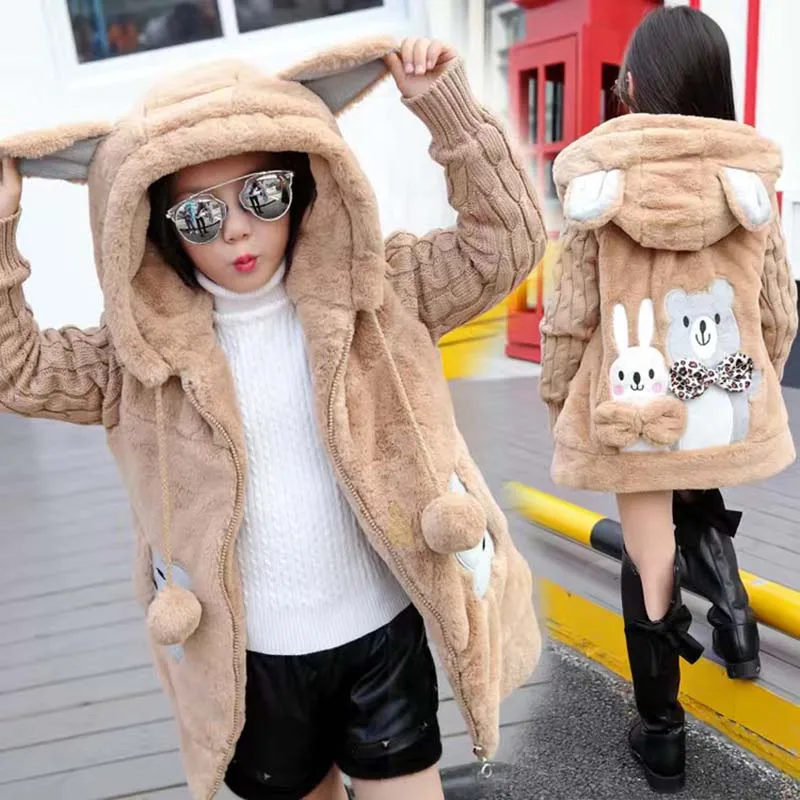 Winter Teenager Girls Woolen Outerwear Coat Rabbit Bear Jacket Hooded Children Thick Sweater Velvet Overall Clothes for 4 6 8 12