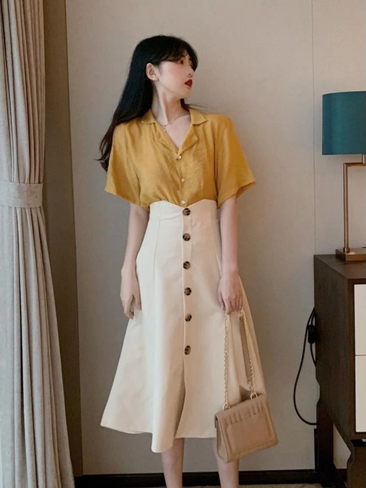 

Korean Style Casual Mature Chic Women Set 2026 Summer New Arrival Short Sleeve Shirt High Waist Half Skirt Single Button
