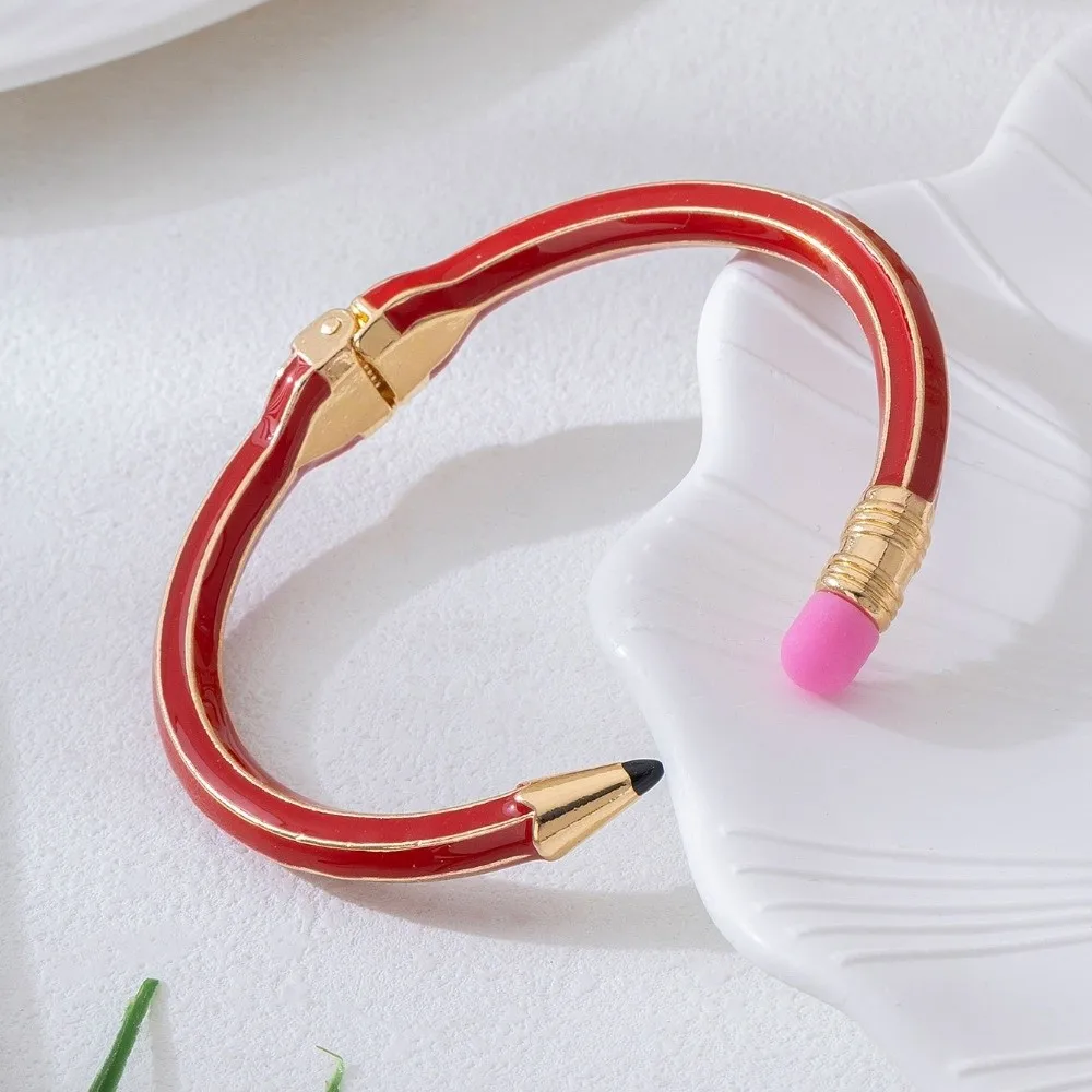 Vibrant Color Enamel Pencil Shaped Bracelet Flexible Spring Hinge Cute Eraser Detail Enamel Cuff Bangle Anti-Oxidant Alloy Base
