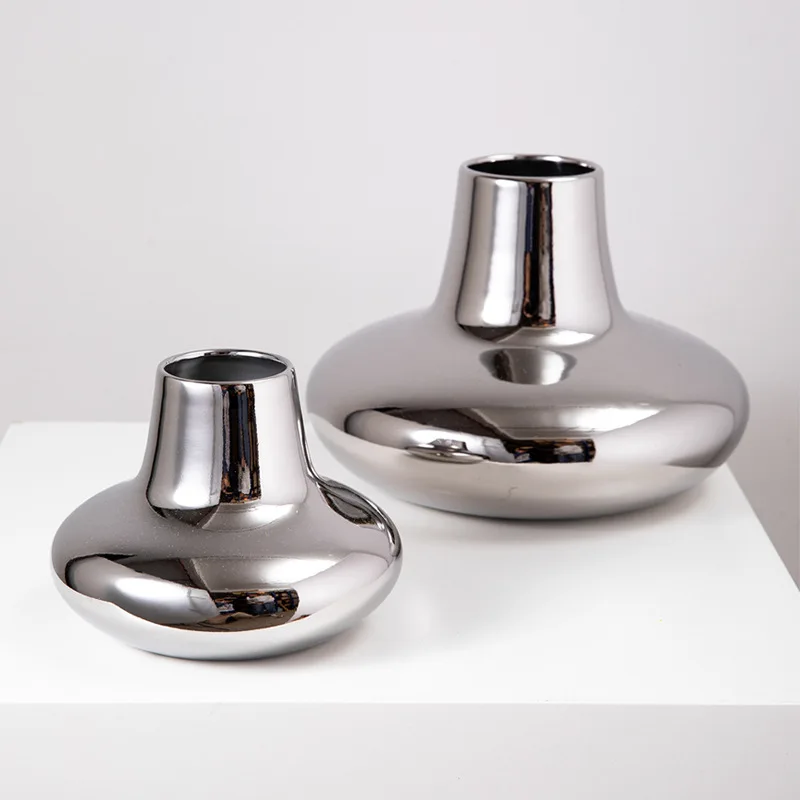 Nordic Ceramics Silver Plating Vase Home Flower Accessories Vase Living Room Wine Cabinet Decora Artwork Soft Outfit Ornaments