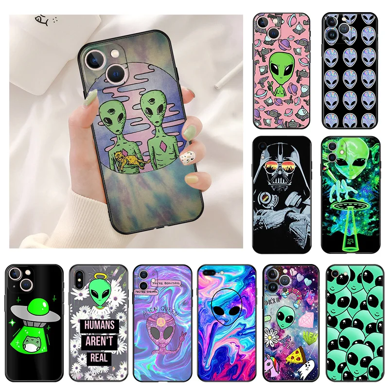 Силиконовые черные чехлы для телефонов iphone 16 Pro Max 7 8 14 15 Plus SE XR 11 12 13 Mini 15Pro, милый мягкий чехол с абстрактным НЛО инопланетянином