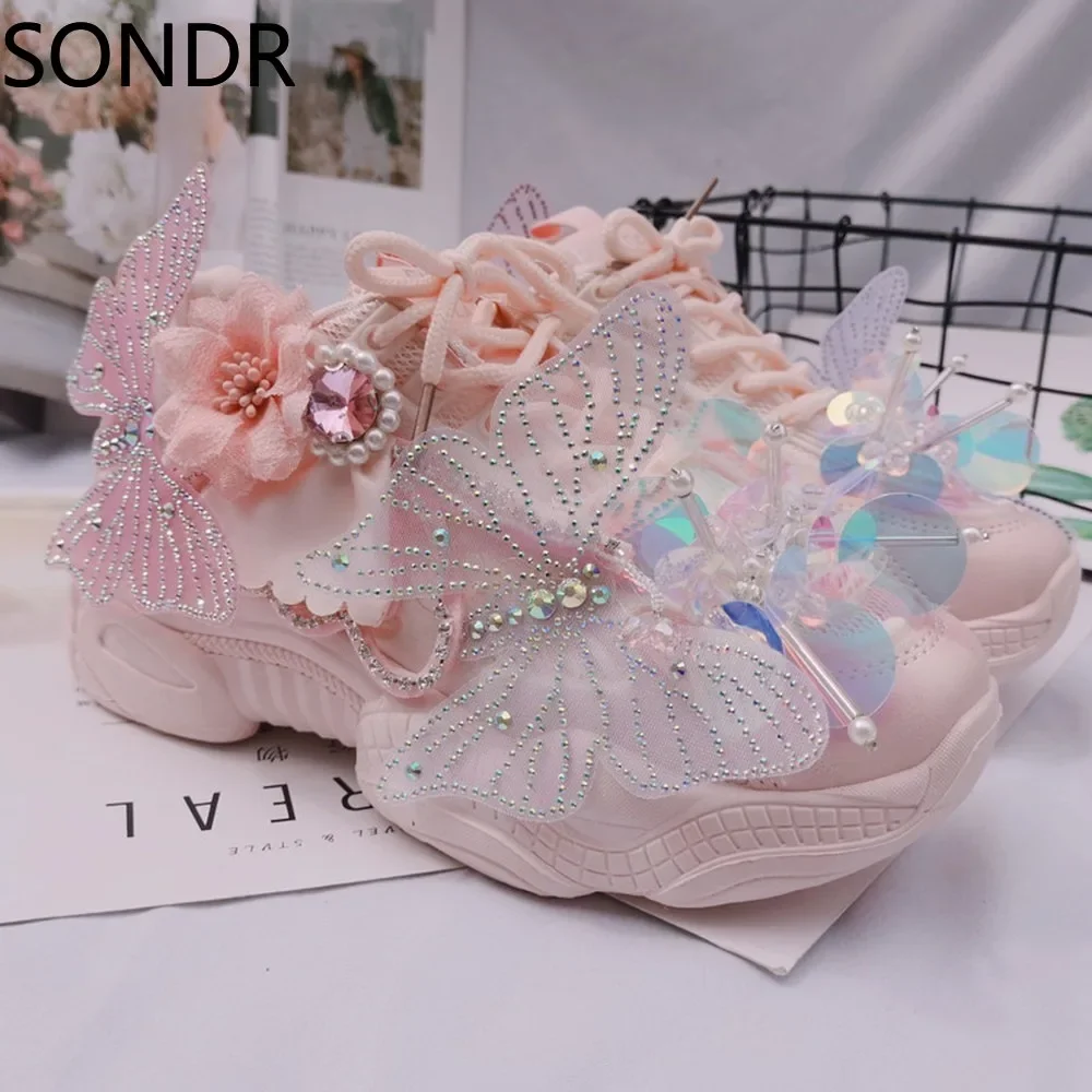Womens Flowers Sneakers Lace Up Rhinestones DIY Flowers Butterfly Shiny Girls Shoes Casual Sweet Pink Lolita Gift New 2024