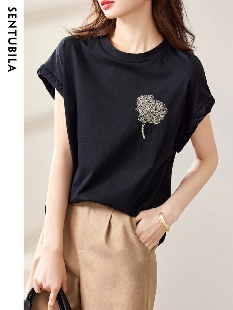 SENTUBILA Simple 100% Cotton Black T-Shirts Women 2024 Summer Short Sleeve Knit Tops Round Neck Loose Casual Female Tee Shirts