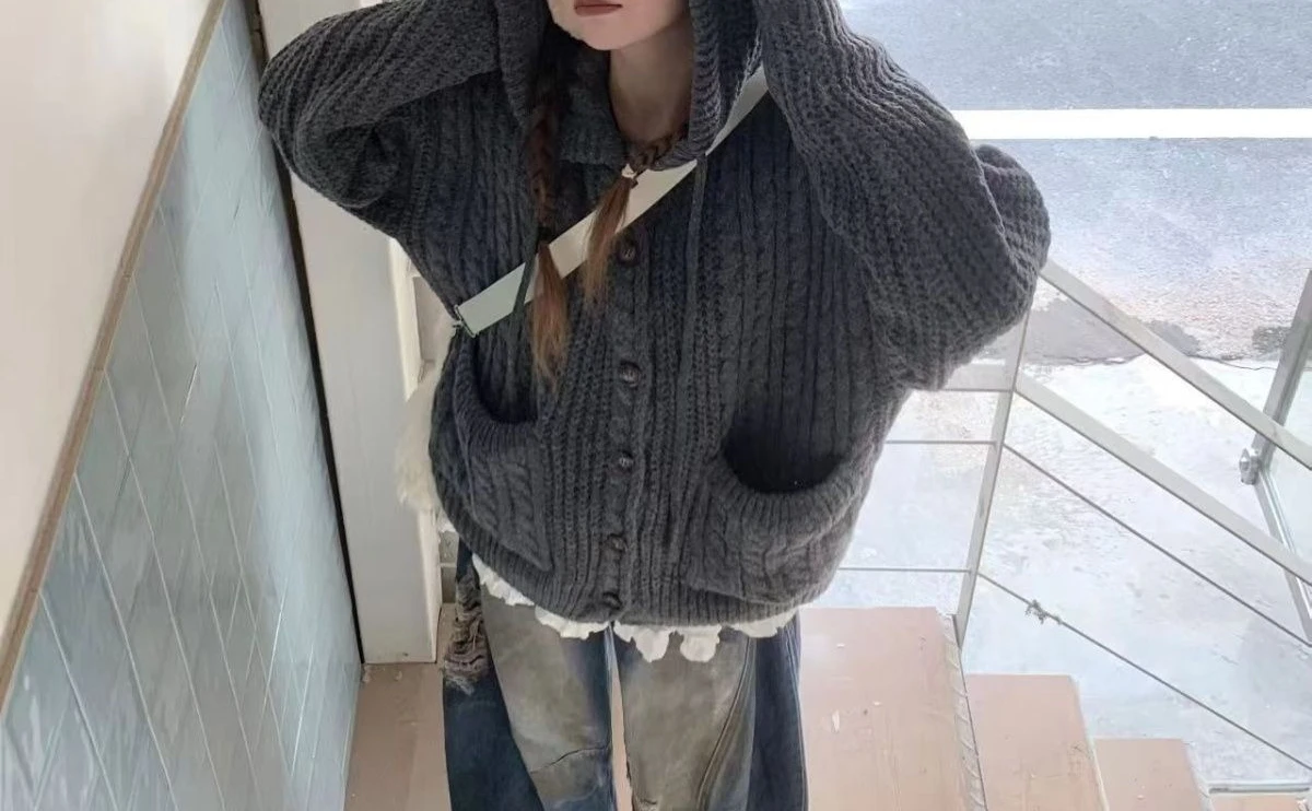 Torções de massa frita com capuz vintage camisola casaco cardigan outono inverno novo design desleixado solto malha topo