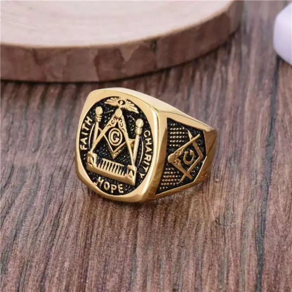 Vintage The Masonic AG Emblem Square Rings for Men Stainless Steel Freemasonry Punk Jewelry All-seeing Eye Shaped Mysticism Gift