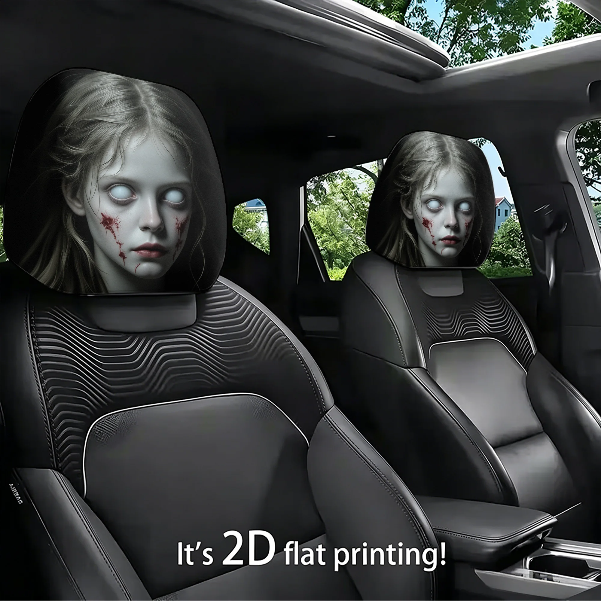 2pcs “Eerie Girl” Car Headrest Covers to add a gothic touch to your car’s interior. Does not include filling. Easy to install.
