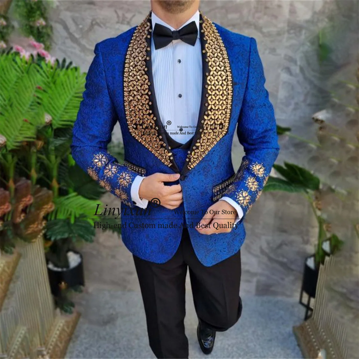 Luxury Jacquard Crystals Wedding Men Suits Glitter Beaded Groom Tuxedos 3 Pieces Sets Party Blazers Slim Male Prom Costume Homme