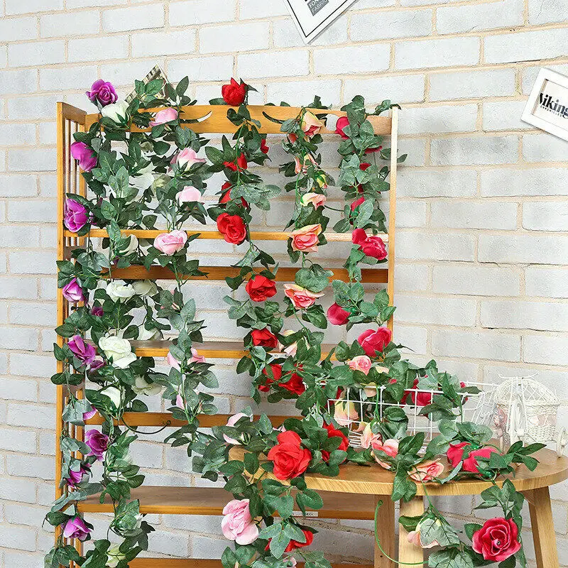 Guirnalda de flores artificiales de 16 cabezas, decoración navideña para boda, hogar, habitación, arco de jardín, planta falsa de pared DIY, enredaderas de hojas de rosas