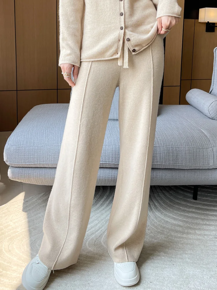 New Women Wide-Leg Pants 100% Merino Wool Quality Soft Thick Warm Trousers Autumn Winter Casual Knitted Elastic Waist Slacks