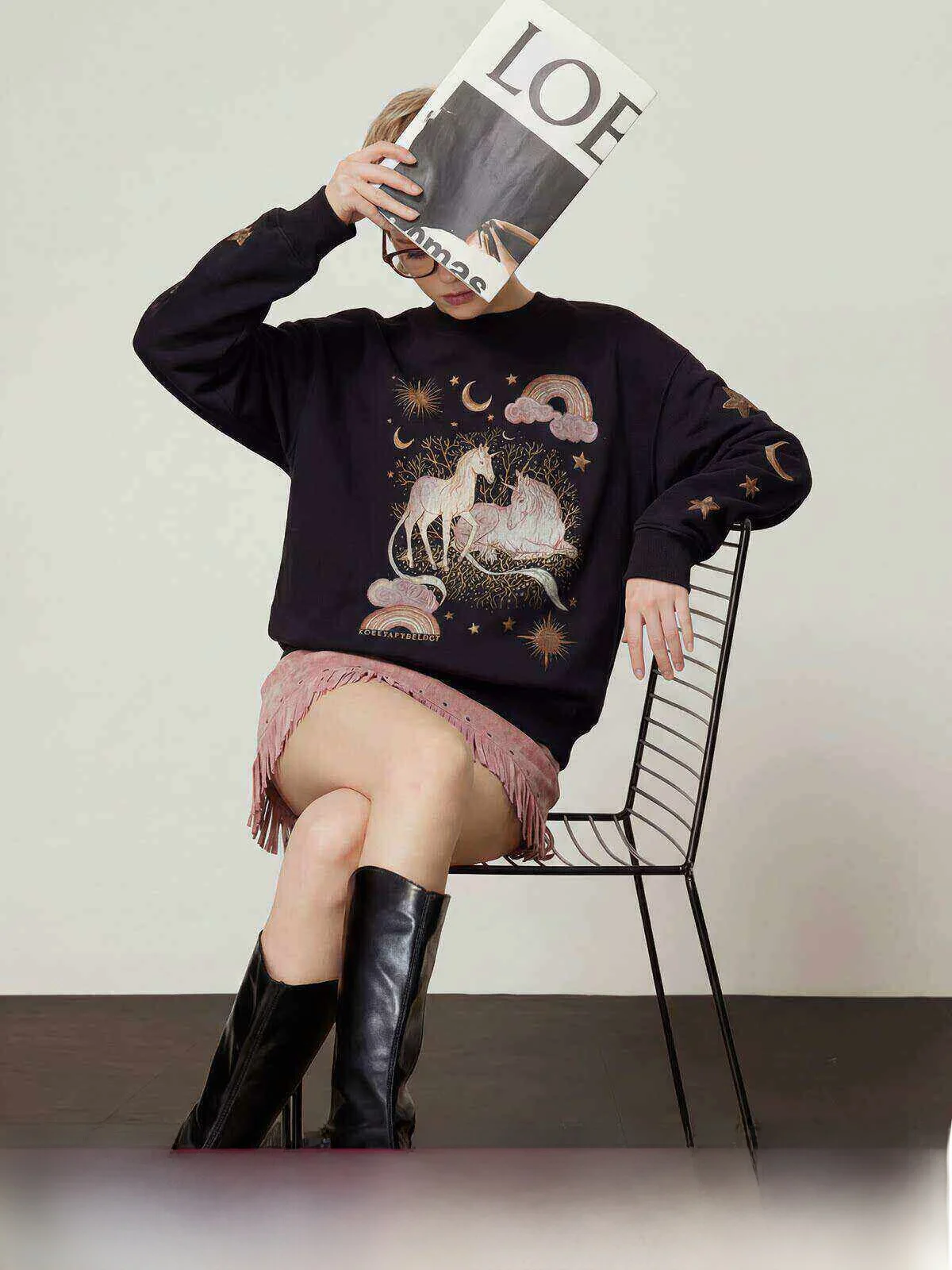 

Black Fleece Lined Hoodie Women's Loose Casual Top Spring 2026 New Style Zhou Li Wu Production Double Jungle Series