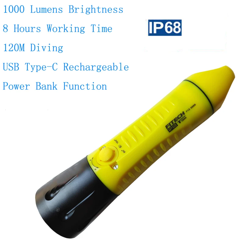 Original FITECH F13 Professional Diving Light 14000mAh Battery 1000 Lumen USB Rechargeable Flashlight LED IP68 Waterproof Torch