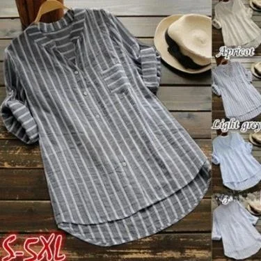 

Женская полосатая рубашка с рукавом три четверти в уличном стиле, без бренда, свободного кроя, не дающаяся усадке, летний топ без рукавов