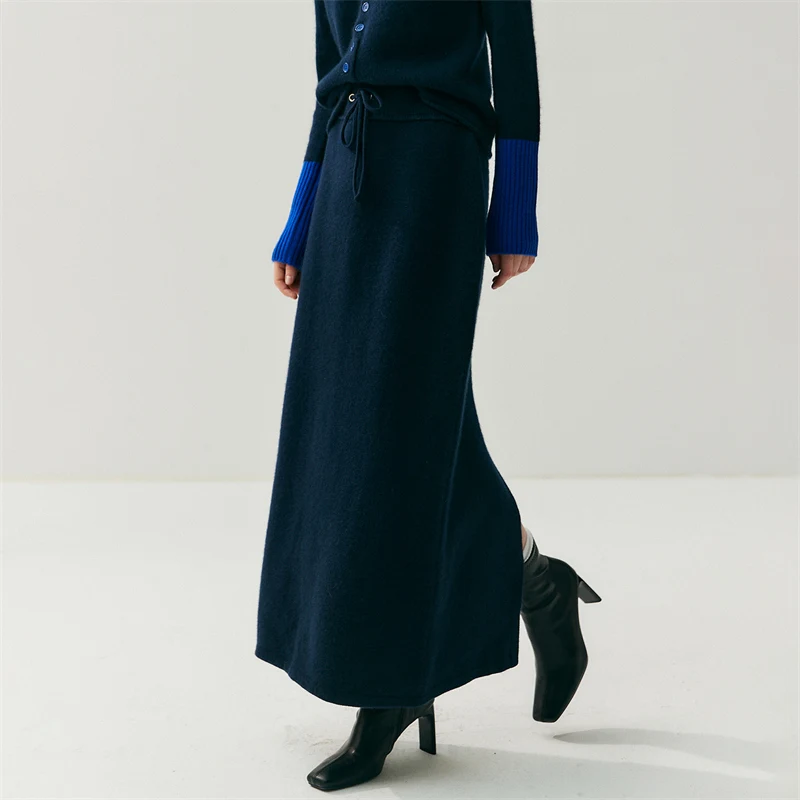 

Women's Cashmere Skirts Thicken Autumn Winter Drawstring Slit Straight Long Skirt Casual 100% Cashmere Knitted High Waist Dress