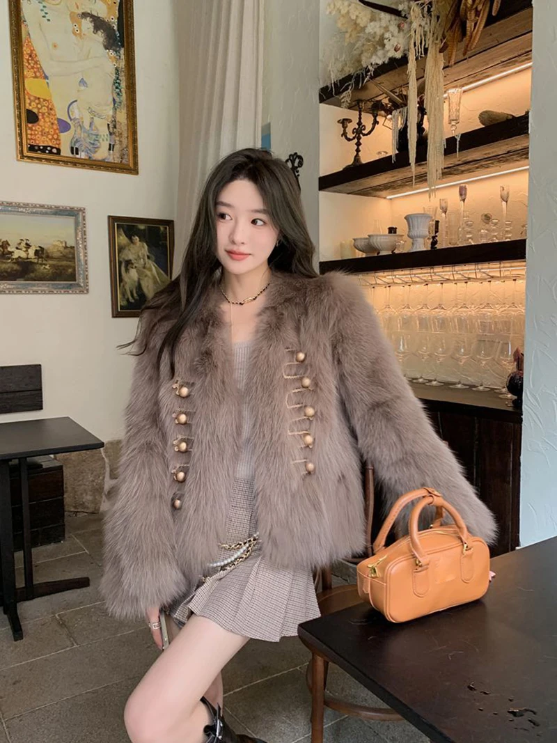Chic White Women Faux Fur Jacket Pearl Button Coat Collarless Long Sleeve Cropped Loose Luxury Cozy Winter Outerwear Top