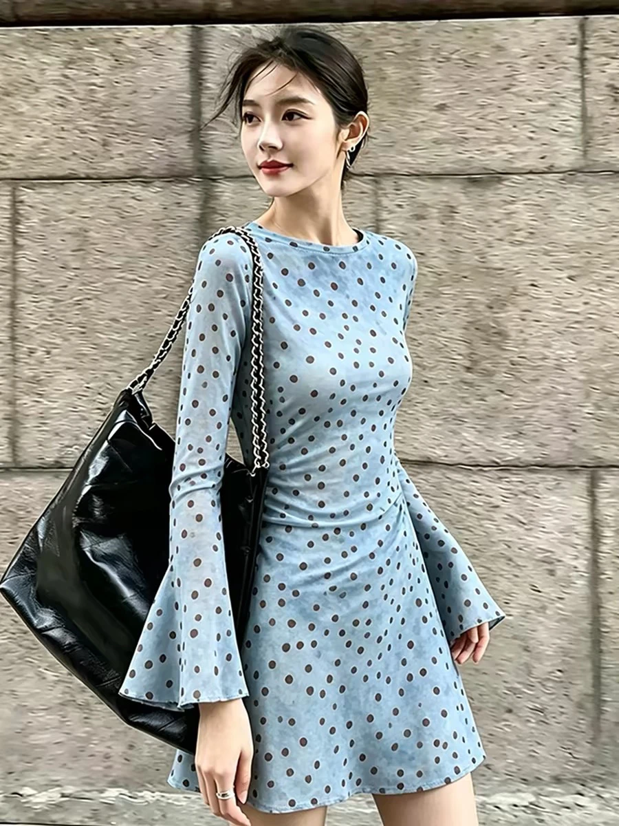 Vacation Tie Dye UV Protection Polka Dot Print Flared Sleeve Dress Women's Summer A-Line Skirt Style Long Sleeve round Neck D...