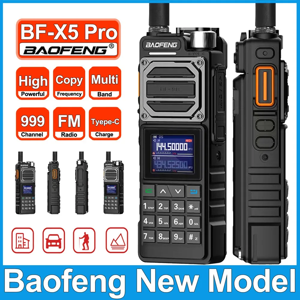 

Рация Baofeng BF-X5 Pro, многодиапазонная, с беспроводным копированием частоты, поддержкой NOAA, зарядкой Type-C, большой дальностью действия, UHF/VHF, 999 каналов, для любительской радиосвязи (2-сторонняя связь)