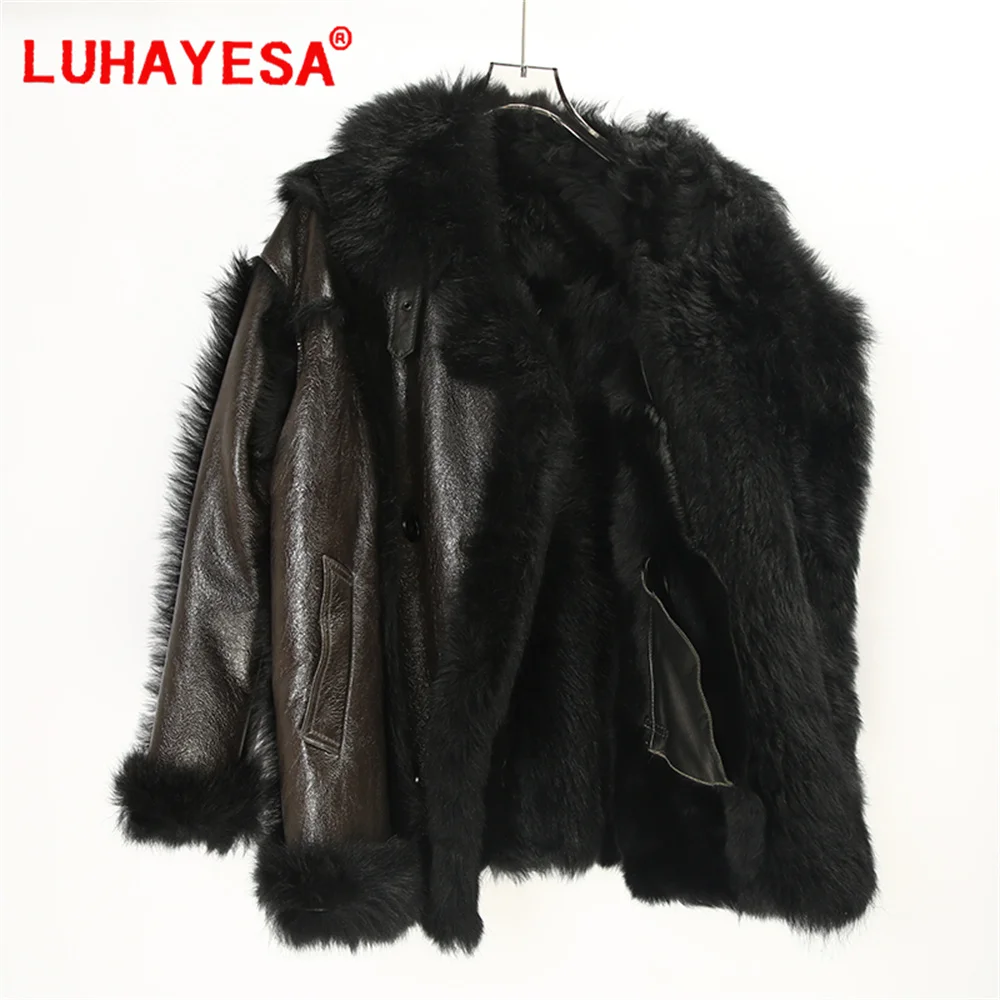 2024 New Tuscany Fur Women Fashion Dark Green Thicken Real Fur Coat Winter Genuine Leather Natural Fur Overcoat