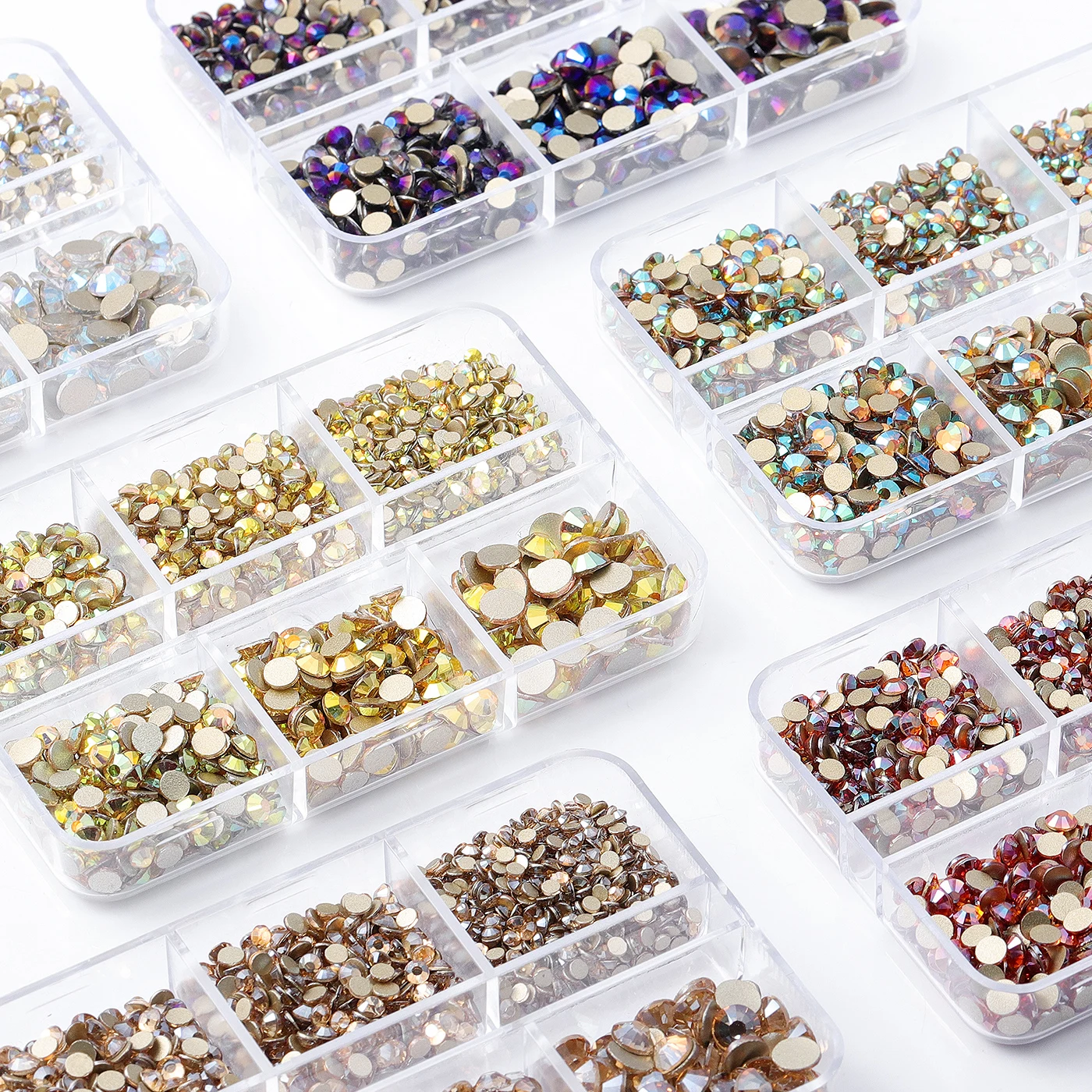 1440Pcs Mix Size SS6-SS20 Box-Packed Glass Gold Flatback Rhinestone 6-Grid Sparkling Crystal Stone Water Diamond Nail Decoration