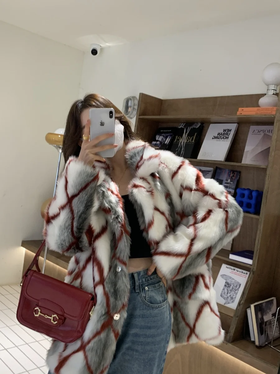 Stberry Wfle Patterned Artificial Fur Jaet Women's Eco-Friendly Fur Coat Warmth Universal Fit Long Sve Mid-Length