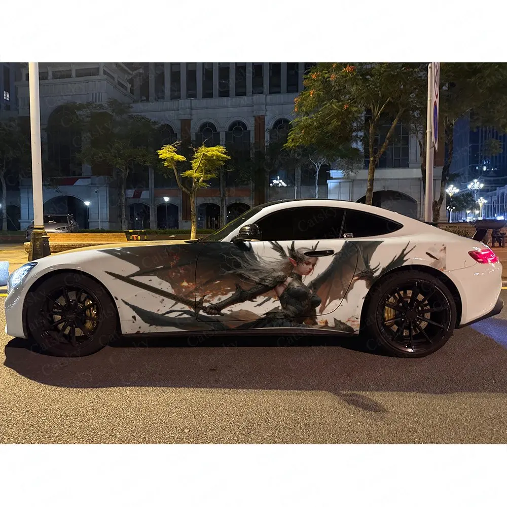 2pcs Black Dragon Silver Ear Warrior Car Side Wrap, Self-Adhesive PVC Waterproof & Scratch-Resistant Sticker, Car Accessory Gift