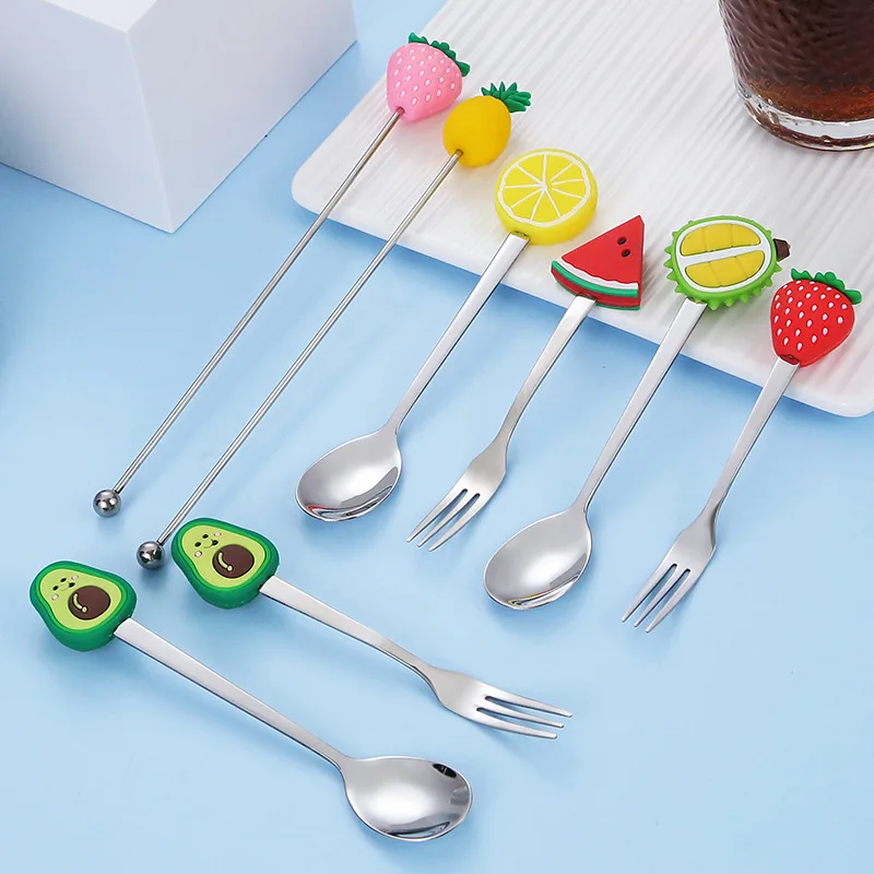 2pCS Stainless Steel Fruit Fork Coffee Spoon Color Fruit Pattern Stainless Steel Fork Simple  Mixing Spoon Dropship Dessert Tool