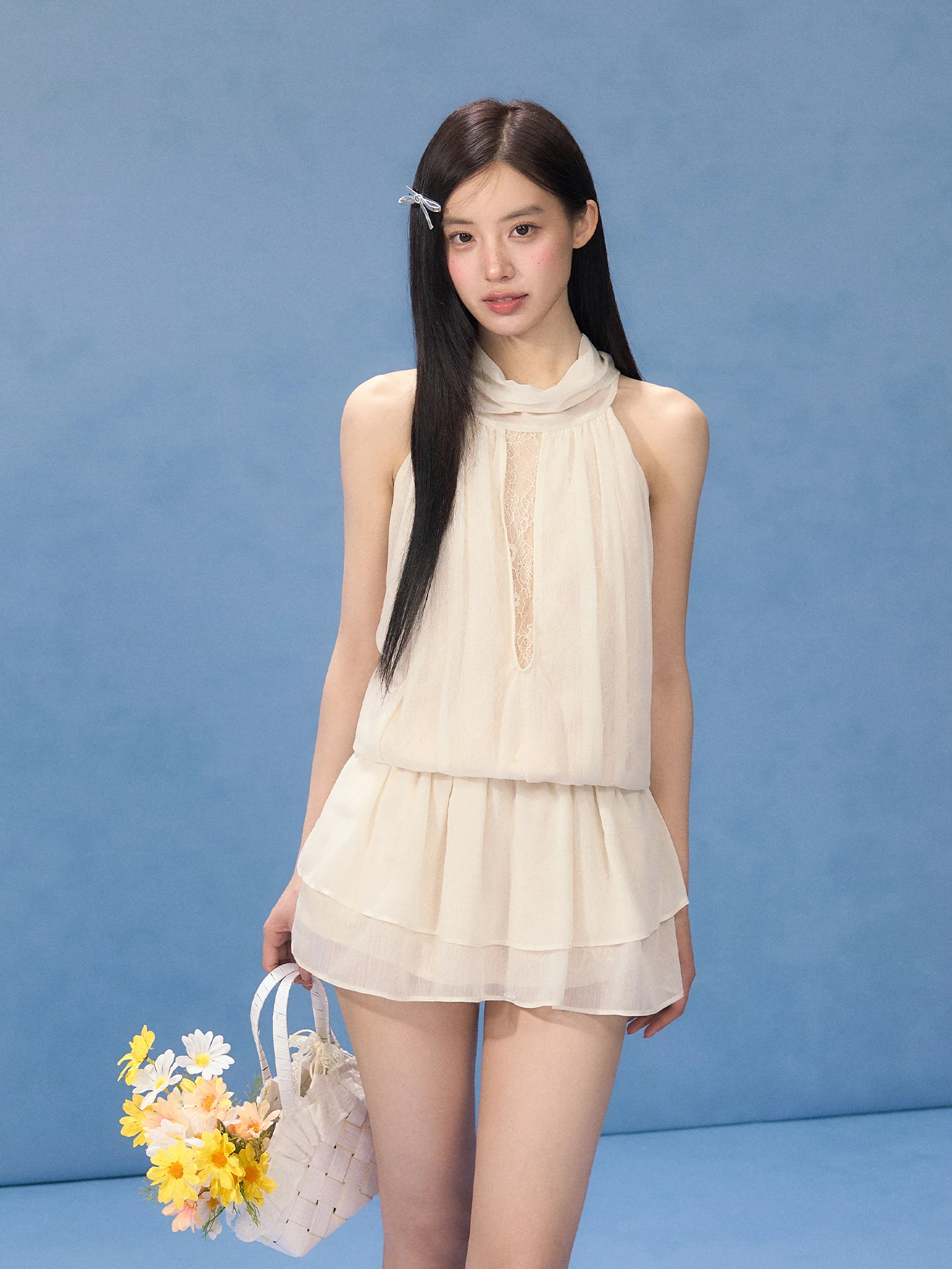 

Weekendhub Pure Desire Style Women's Summer Lace Splice Chiffon Dress Neck Hanging Hollow out A-Line Skirt Breathable Casual ...