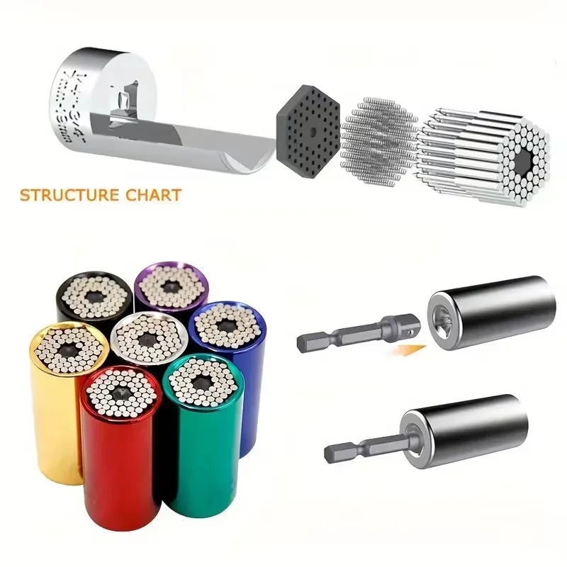 Universal Multi-Function 7-19mm Drive Socket Wrench Set with Internal Hex Head, Compatible with Angle Grinder, Varnished Finish