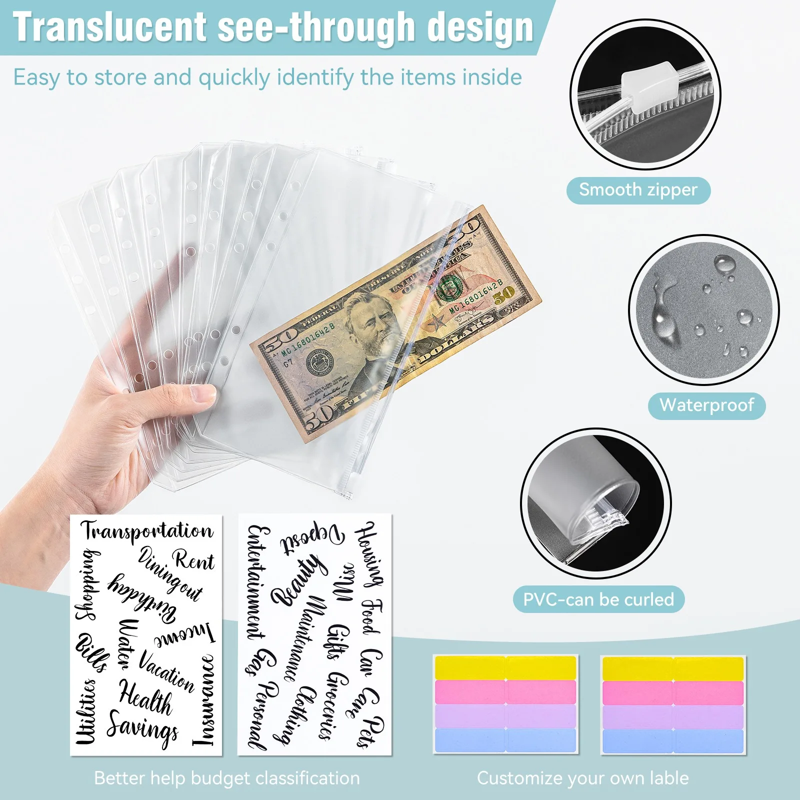 A6 Cash Budget Binder Macaroon Stitching Binder Hand Book Notebook Leather PU Notebook Contains Pockets and Stickers