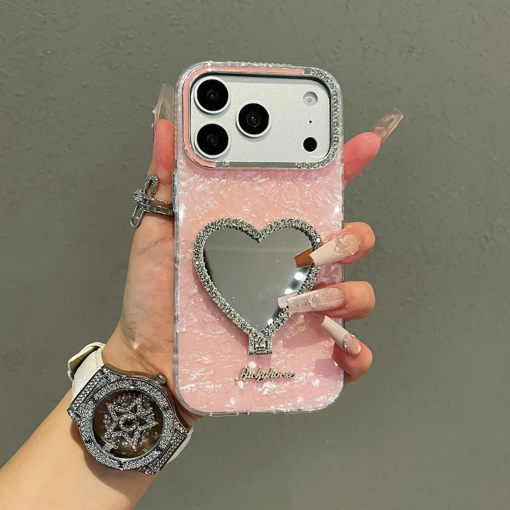 

Bling Diamond Heart Mirror Phone Case for iPhone 17 Pro Max 16 15 14 13 Luxury Conch Shell Kickstand Shockproof Protective Cover