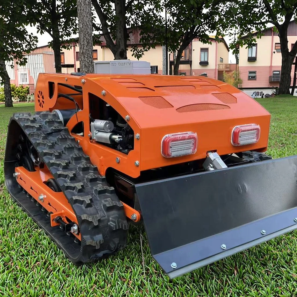 High-efficiency Remote-controlled Lawn Mower with Brushless Drive Motor and Vertical Cutting Blade Lift Function.