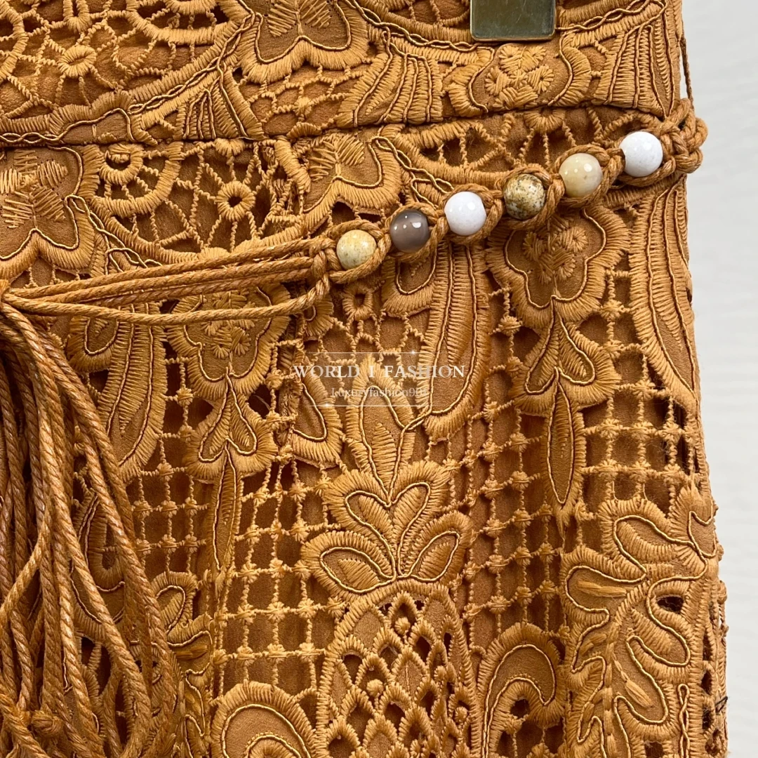 

Orange Lace 3/4 Sleeve Ruffles Frilled Lapel Blouse Tops and Hollow Out Orange Lace Pants Set