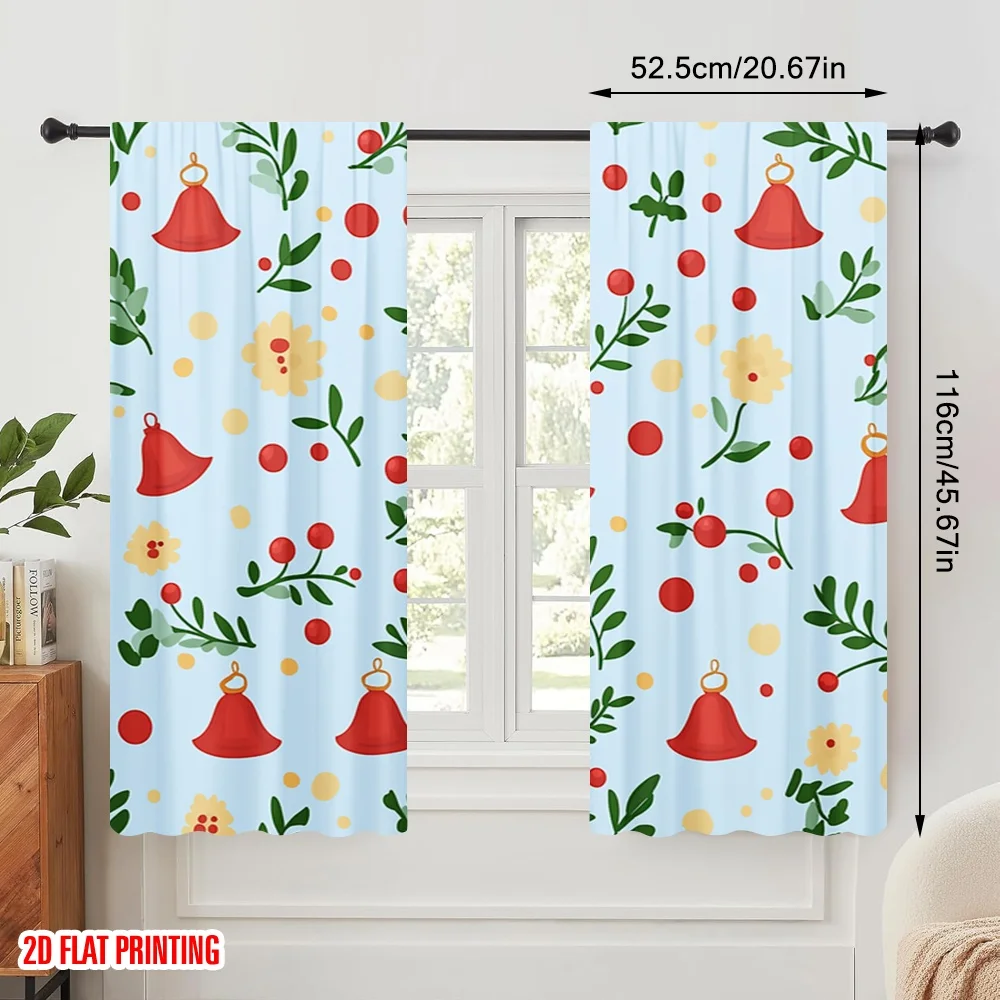 2pcs,2D plane printing Pattern Curtains Christmas Bells Holly Durable Polyester (without rod) Festive for Various Rooms,