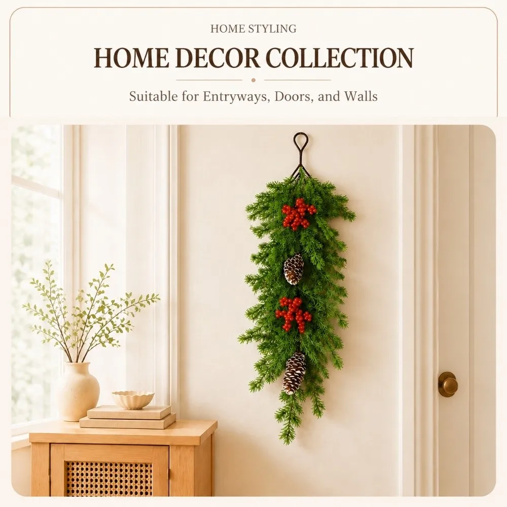 Green Artificial Pine Vine Red Berries Pine Needle Simulation Pine Garland Hanging Design Eucalyptus Leaves Red Berries Garland