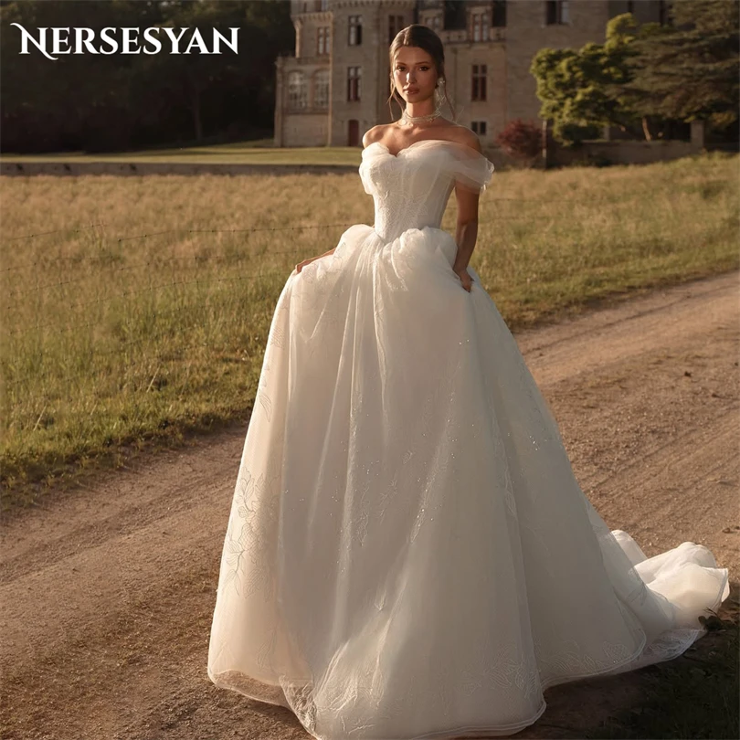 

Nersesyan винтажные блестящие свадебные платья с открытыми плечами и блестками, свадебные платья принцессы с открытой спиной, праздничное платье невесты 2025, индивидуальное платье