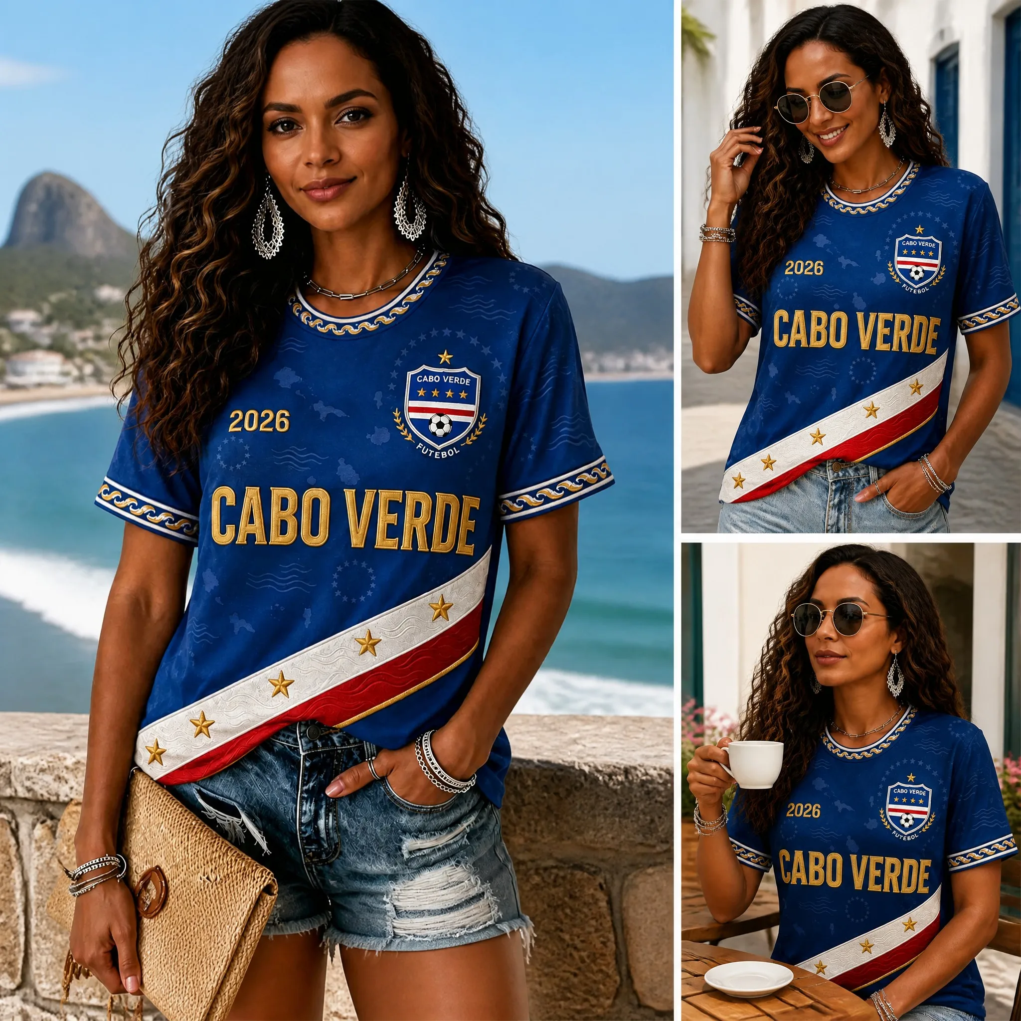 Women Cabo Verde 2026 Royal Blue Soccer Graphic Short Sleeve Tee With Gold Crest Stars Stripe And Beach Vacation Style Look